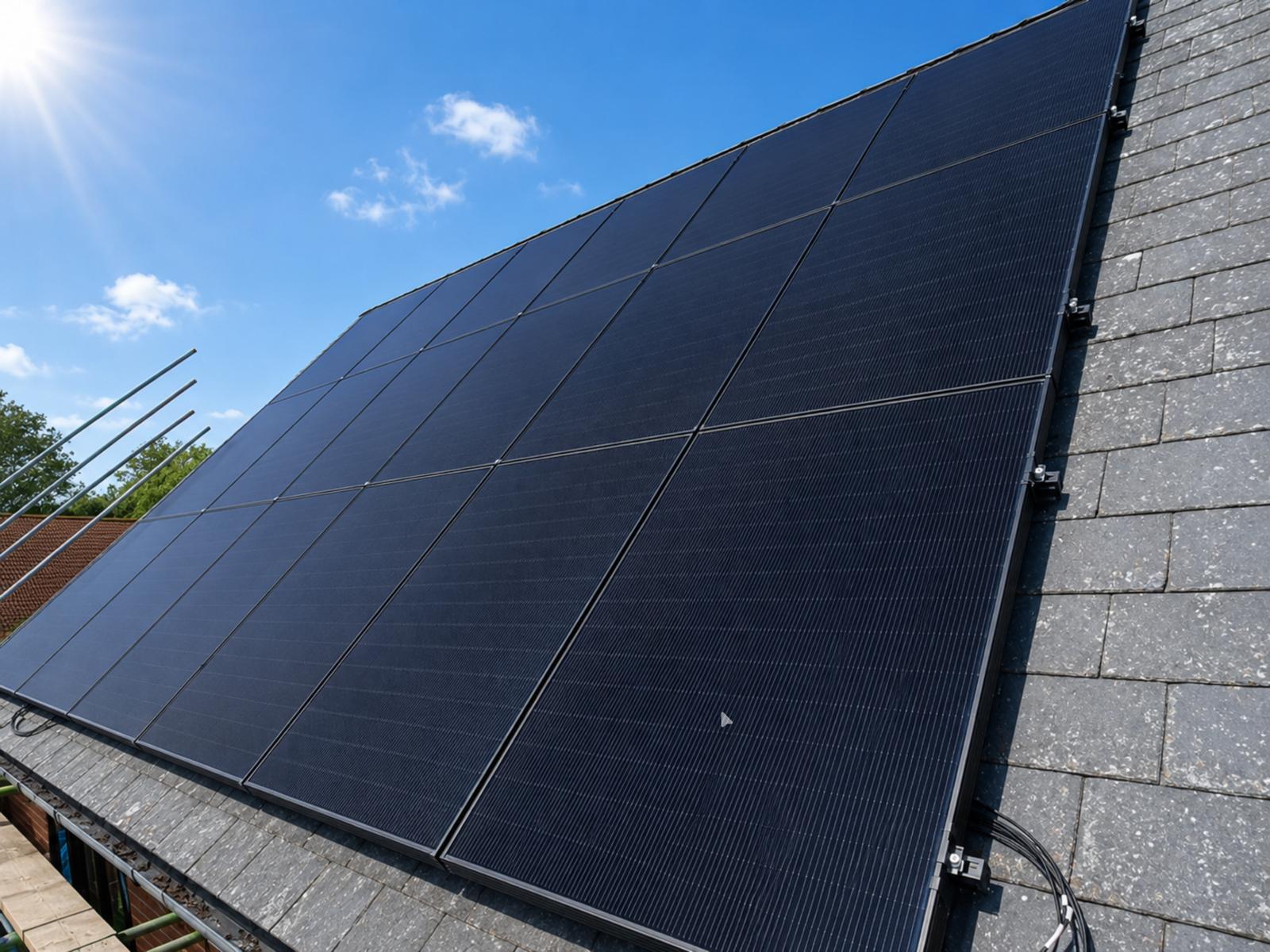 Solar panels on a British home in bright daylight